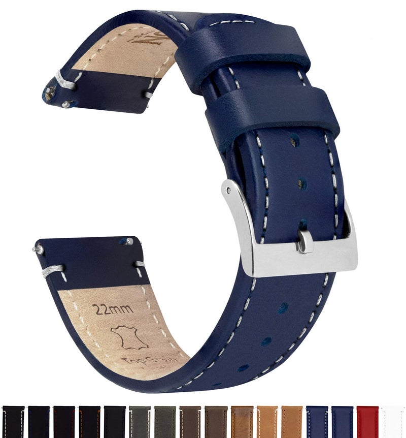 BARTON WATCH BANDS Quick Release Top Grain Leather Watch Band Strap, Navy Blue Leather/Linen White Stitching, 22mm - Image 2